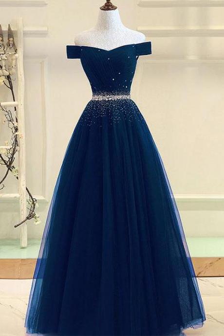 Elegant Long Navy Blue Prom Dresses Off The Shoulder Tulle Long A-line Evening Formal Gowns