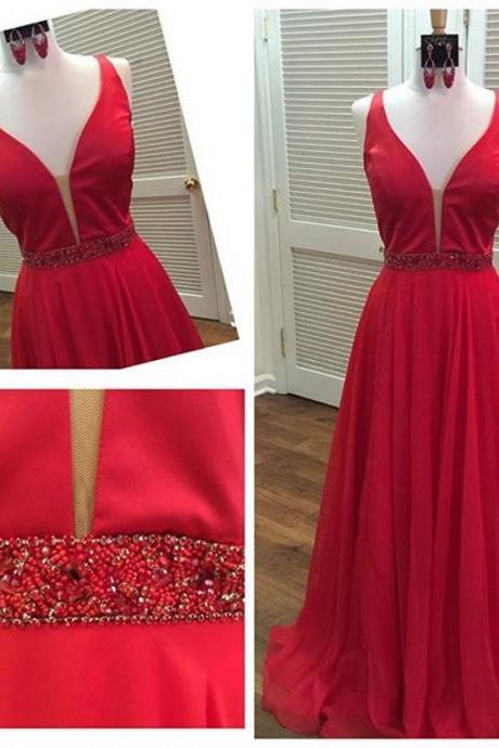 2018 Red Chiffon Prom Dress,party Dresses,sexy Long Plunge V Evening Dresses,formal Red Carpet Dresses
