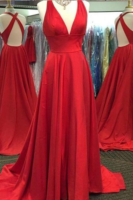 formal red carpet dresses,sexy cross back deep v neck red a-line prom dresses