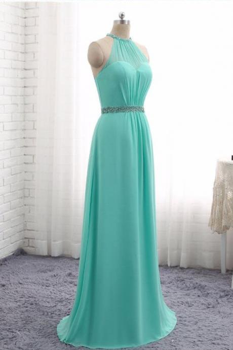 A-line Blue Prom Dresses Chiffon Halter Beaded Evening Gowns