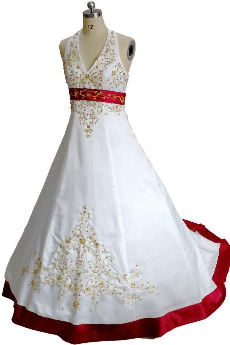 Long Elegant Halter Neckline Gold Embroidery Wedding Dresses ,Long Elegant Satin Wedding Gowns,Bridal Gown
