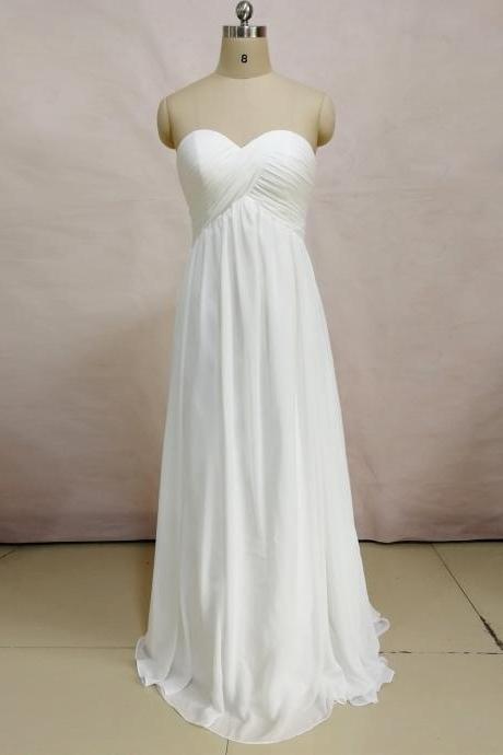 Long White Ivory Chiffon Elegant Beach Wedding Dress Sweetheart Bridal Gown A-line Wedding Gown