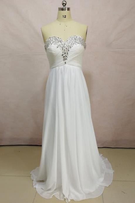Long Elegant A-line Beach Wedding Dresses ,chiffon Rhinestone Sweetheart Wedding Gowns,bridal Gown