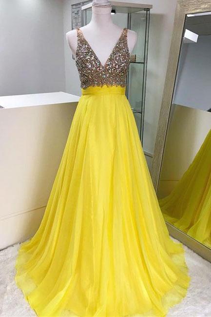 2018 Sexy Yellow Evening Dresses Plunge V Neck Chiffon Rhinestone Beaded Long Prom Dresses, Formal Gowns,party Dresses,red Carpet Dresses 2018