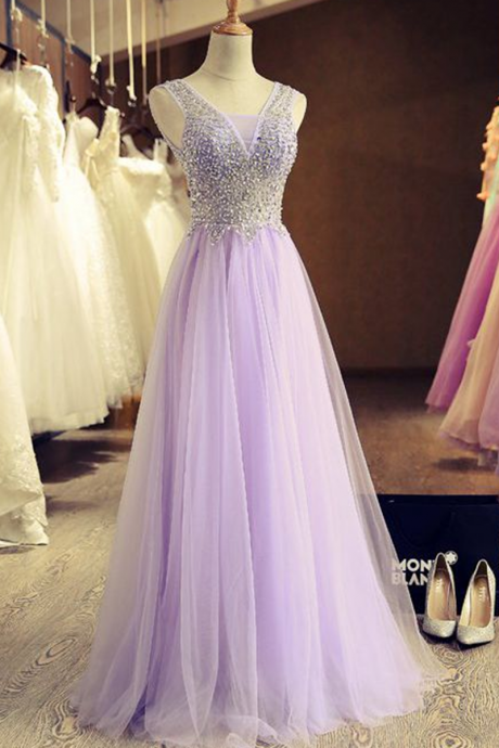 Floor Length Light Purple Prom Dresses With V Neck And Beaded Bodice,evening Gowns