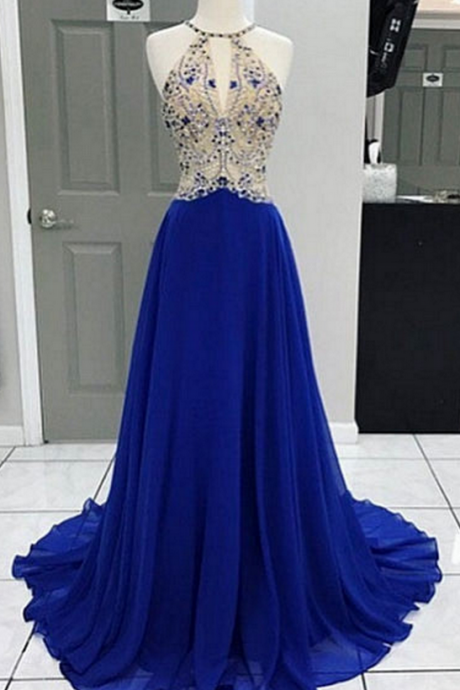 Royal Blue Evening Dresses Long Elegant Halter Chiffon Beaded Prom Dress Formal Gowns