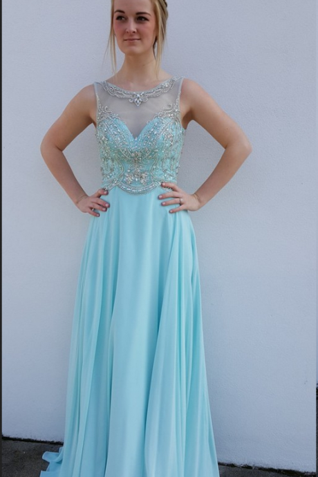 Elegant Long Blue Chiffon Formal Gown Featuring Sheer Neck --- Prom Dresses, Evening Gowns