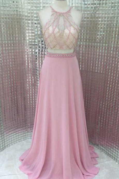 Sexy Long Pink Halter Chiffon Formal Gown Featuring Sheer Neck, 2 Piece Prom Dresses, Evening Gowns