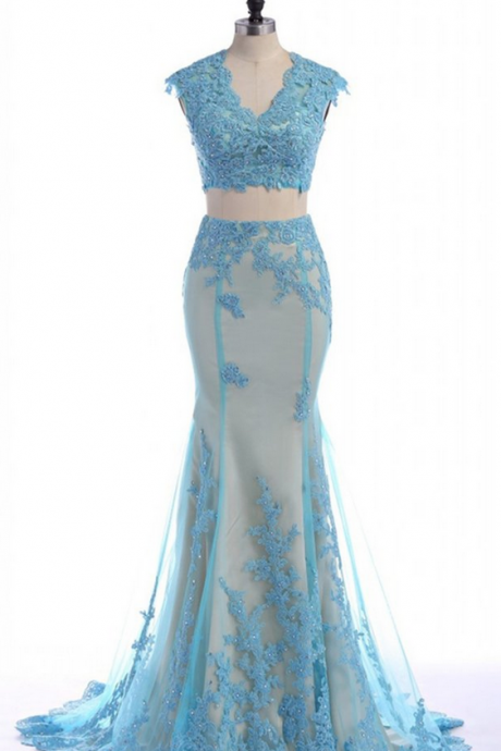 Lace Applique V Neck Prom Dresses Featuring V Neck, 2 Piece Evening Dresses, Formal Gowns