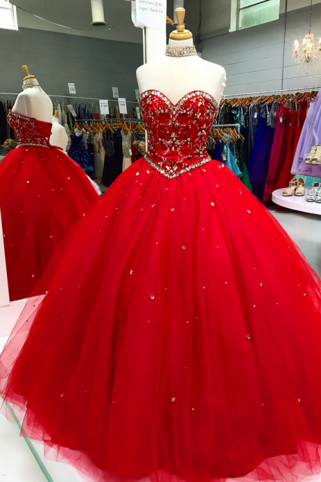 Brilliant Red Prom Dresses Featuring Sweetheart Neckline And Rhinestone Bodice, Tulle Ball Gown Evening Dresses, Formal Gowns