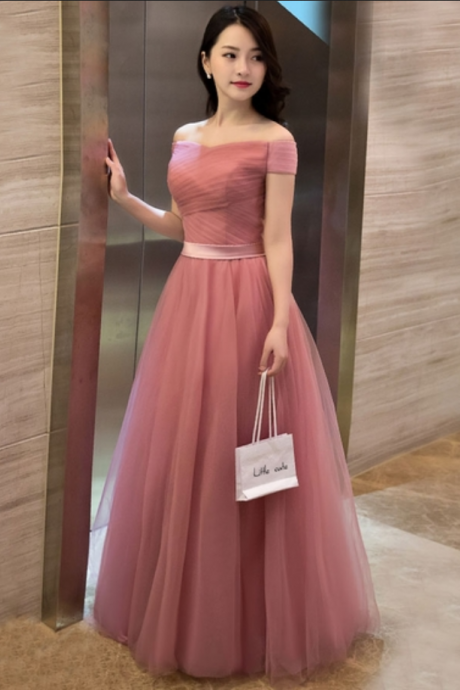 Blush Pink Long Tulle Party Dresses,Long Elegant Prom Dresses