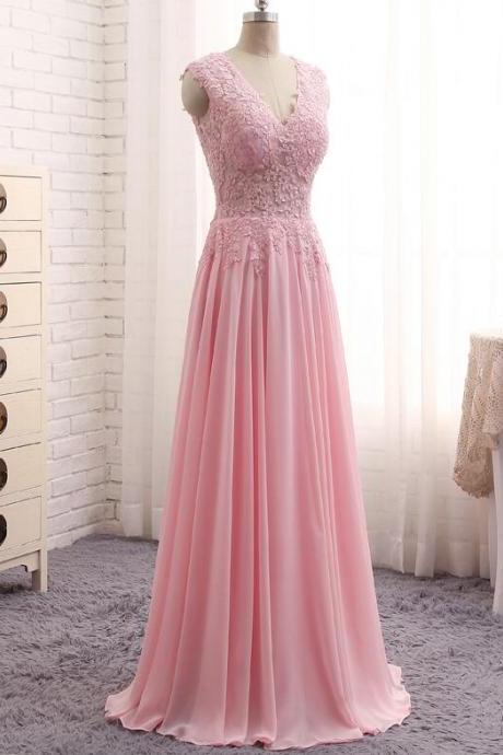 Floor Length Pink Chiffon Party Dresses,Long Elegant Prom Dresses