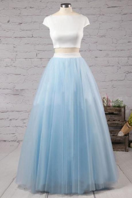 Cap Sleeve Two Piece Prom Dresses Satin Top Tulle Skirt Boat Neck Formal Gowns