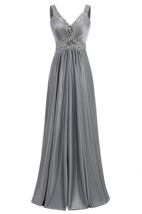 Women's Satin Beaded Prom Dress Beaded V Neck Long Evening Dresses A-Line Prom Gown 
