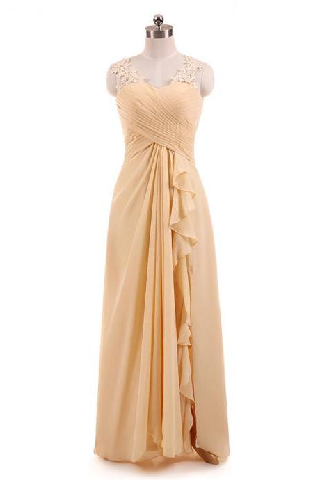Women&amp;#039;s Chiffon Party Dresses Lace Applique V Neck Long Prom Dresses A-line Evening Gown