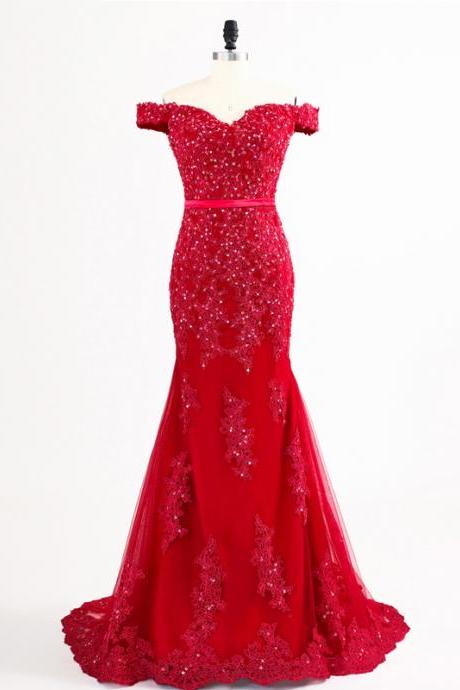 Red Mermaid Party Dresses Elegant Long Off The Shoulder Lace Applique Prom Dresses Evening Gowns