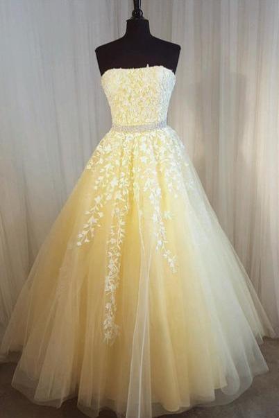 Yellow Tulle Prom Dress Long Strapless A-line Lace Applique Evening Formal Gowns