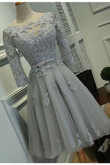 Grey Tulle Long Sleeve Lace Applique Homecoming Dresses Short Cocktail Dress