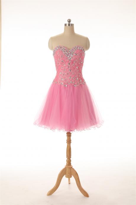 Homecoming Dress,tulle Homecoming Dresses,lace Applique Pink Short Homecoming Dresses, Short Party Dresses,cocktail Dresses,prom Gowns