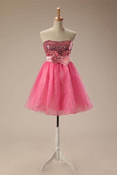Sparkly Pink Strapless Short Homecoming Dresses,short Party Dresses With Bow