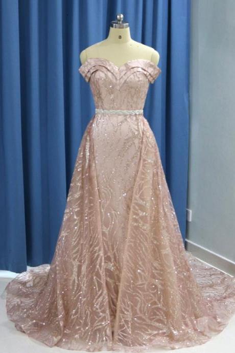 Sparkly Rose Gold Long Sleeve Mermaid Evening Dress With Detachable Train Dubai Arabic Prom Formal Dresses 2019 