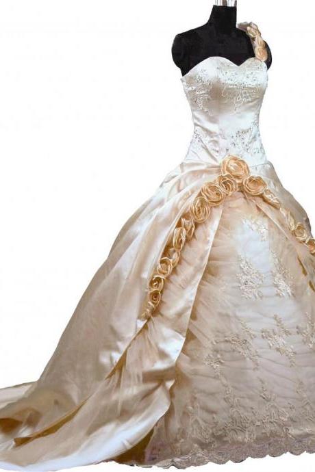 2019 Champagne One Shoulder Lace Wedding Dresses Satin Flower Chapel Train Embroidery Wedding Ball Gowns Bridal Dresses Vestidos de Festa