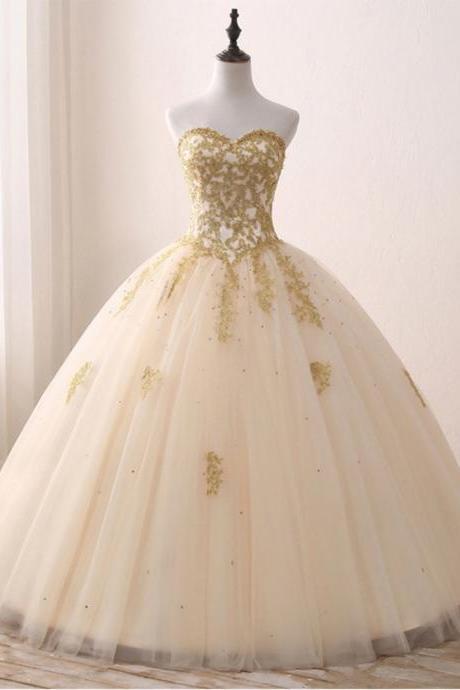 Gold Appliques Ball Gown Champagne Quinceanera Dress 2019 Sparkle Crystal Tulle Floor-length Sweet 16 Dress Debutante Gowns US Size 2-16