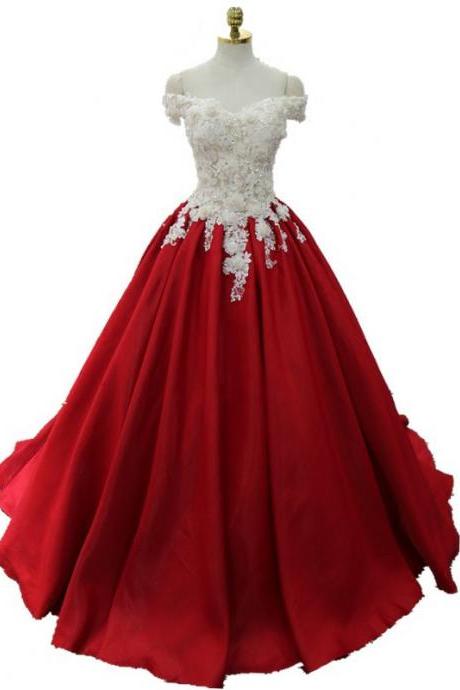 Red Evening Dress Satin Lace Applique Ball Gown Formal Dress Featuring Off The Shoulder,long Elegant Prom Dresses