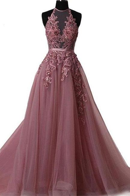 Long Prom Dresses Halter A Line Lace Evening Formal Dresses