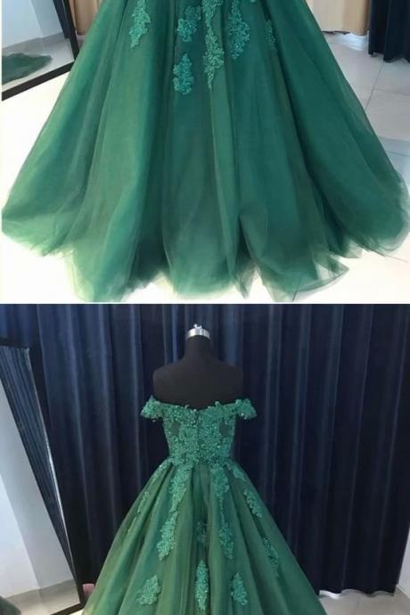 Long Prom Dresses Hunter Green Lace Applique Evening Formal Dresses