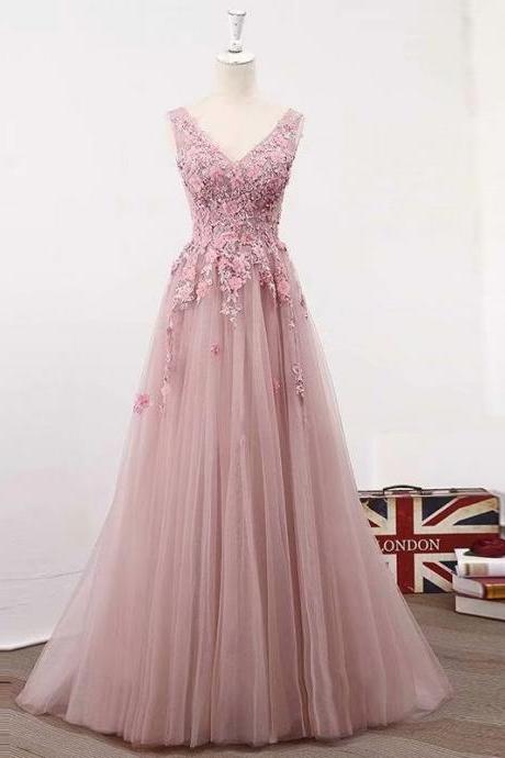 Vintage Pink Prom Dresses V Neck A Line Tulle Evening Formal Dresses