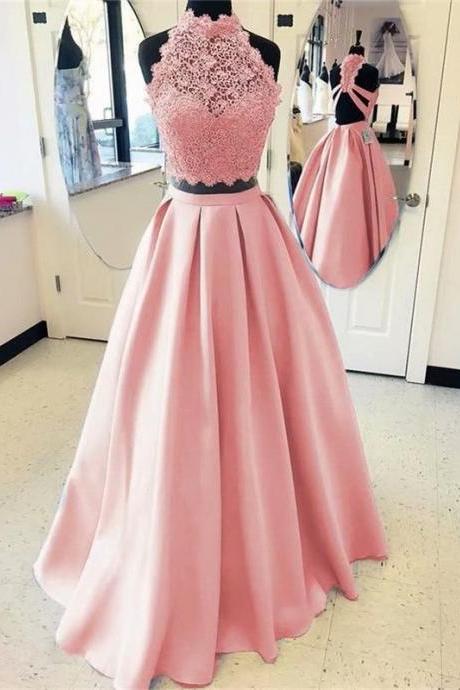 Sexy Pink Lace O Neck Evening Dresses Long Sexy Satin Prom Dress Robe De Soiree Formal Gowns