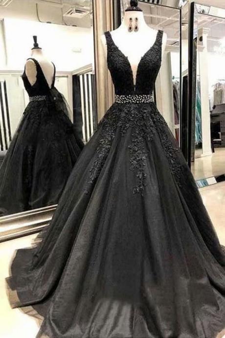 Elegant Black Beaded V Neck Evening Dresses Long Sexy Tulle Prom Dress Robe De Soiree Formal Gowns