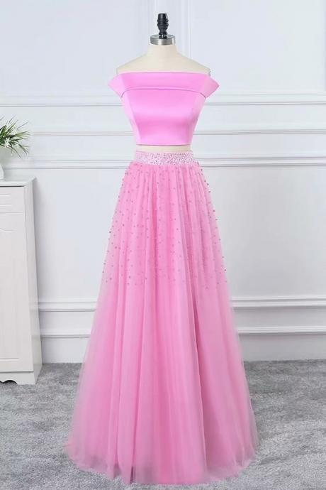 Sexy White 2 Piece Pink Evening Dresses Long Sexy Beading Tulle Prom Dress Robe De Soiree Formal Gowns