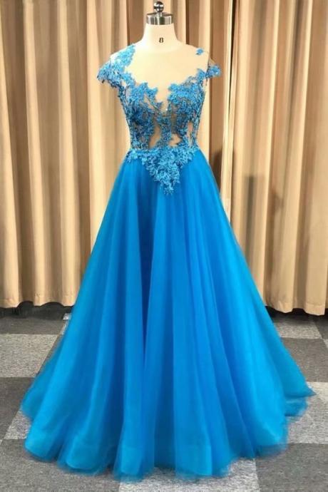 Sexy Blue Beaded Lace Applique Evening Dresses Long Sexy Tulle Prom Dress Robe De Soiree Formal Gowns