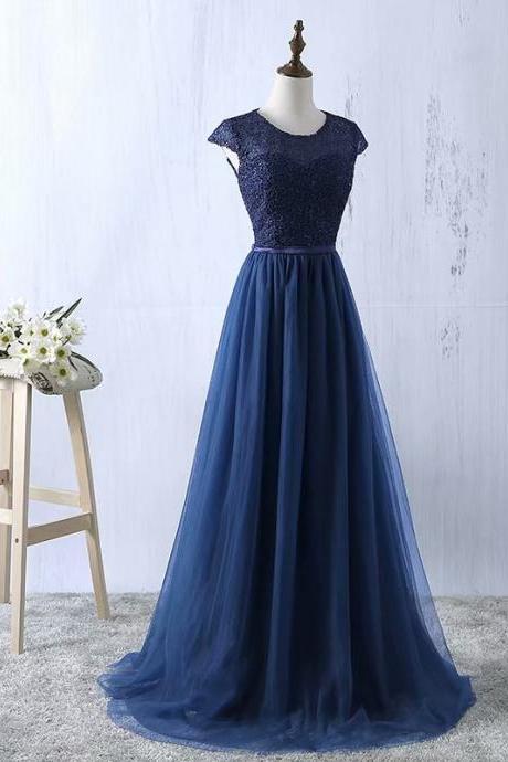 2019 Navy Blue Prom Dresses Tulle Prom Gowns Real Photo O Neck A Line Prom Dresses Long