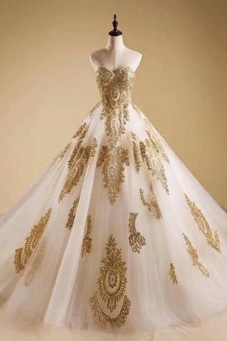 Gold Applique Ball Gown Wedding Dresses Sweetheart Bride Dress Bridal Gown