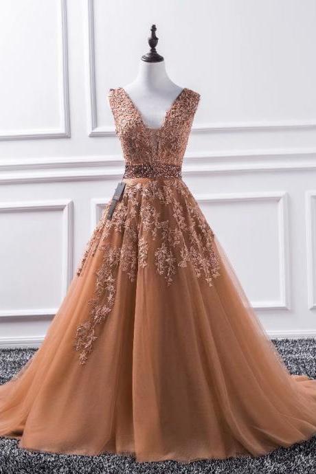 Elegant Long Coffee Prom Dresses 2019 Tulle Appliques Princess Ball Gown Vintage Evening Dress