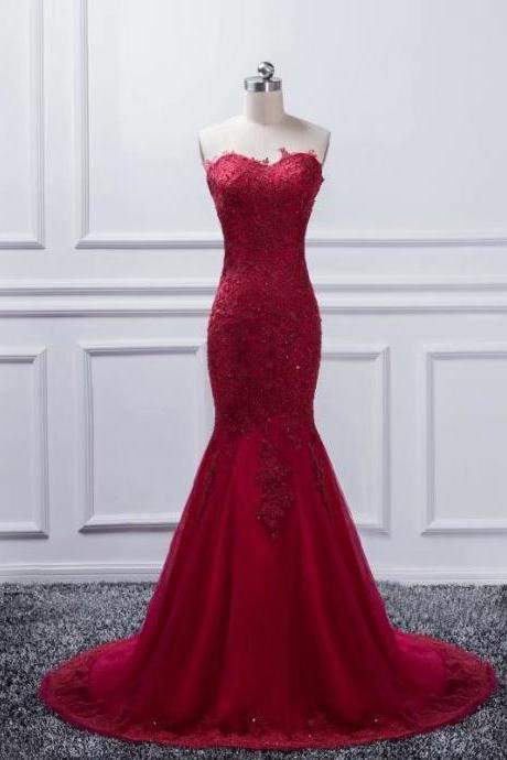 Sexy Burgundy Long Prom Dresses 2019 Tulle Appliques Vintage Mermaid Evening Dress