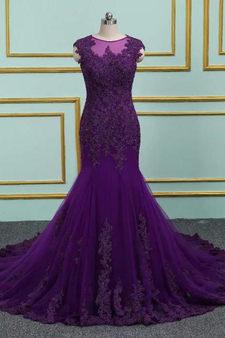 Purple Mermaid Long Prom Dresses 2019 Tulle Beaded Appliques Sheer Neck Evening Dress