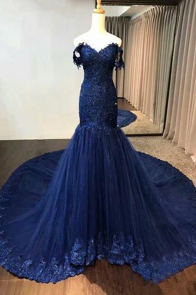 Sexy Off The Shoulder Navy Blue Prom Dresses 2019 New Tulle Lace Appliques Tulle Vintage Chapel Train Evening Dress