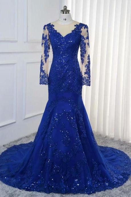 Sexy Royal Blue Long Sleeve Prom Dresses 2019 Tulle Beaded Appliques Mermaid Evening Dress Formal Gowns