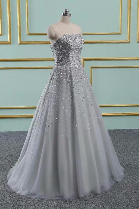 Sexy Grey Beading Prom Dresses 2019 Tulle Luxury Princess Ball Gown Vintage Evening Dress