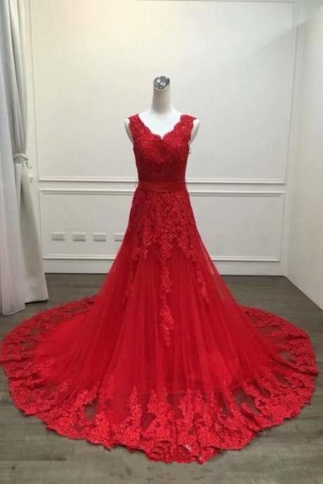 Sexy Red V Neck Long Prom Dresses 2019 Tulle Beaded Appliques A Line Evening Dress