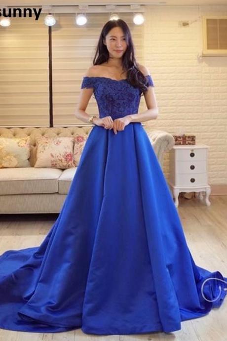 New Arrival Royal Blue Long Prom Dresses 2019 New Satin Off Shoulder Vintage Evening Dress