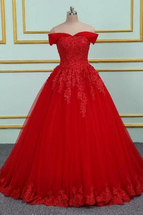 Red Long Prom Dresses 2019 Tulle Off The Shoulder Princess Ball Gown Vintage Evening Dress