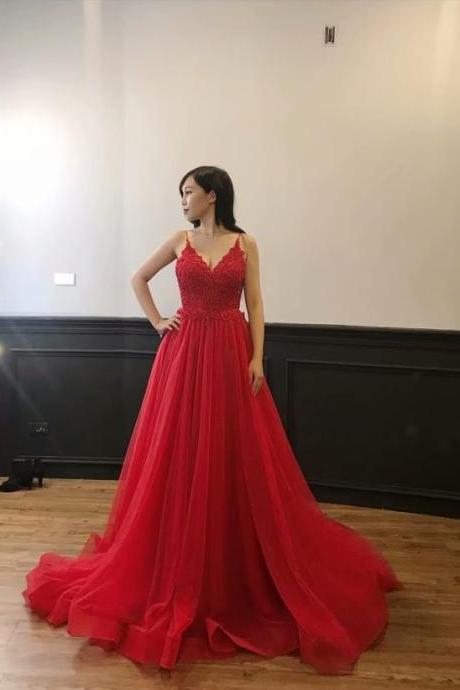 Sexy Evening Gowns V Neck Tulle Evening Dresses Long 2019 Formal Dress