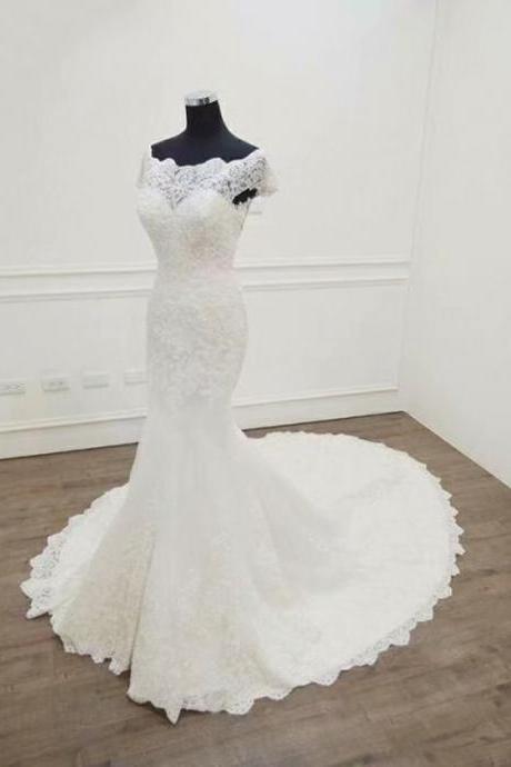 2019 Mermaid Wedding Dresses Boat Neck White Ivory Long Bridal Dress Sexy Lace Wedding Gowns