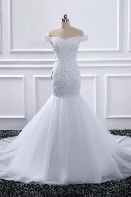 2019 Off-Shoulder Beaded V Neck Wedding Dresses Chapel Train Bridal Dress