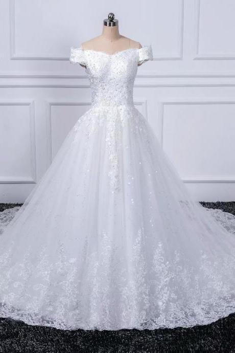 New Off-Shoulder Wedding Dresses Lace Applique Cheapl Train Bridal Dress Wedding Gowns